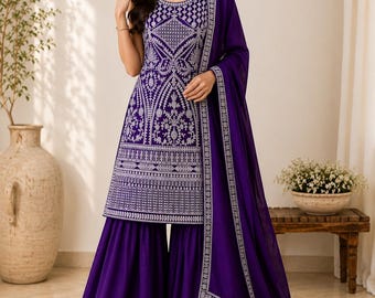 Women's Chiffon Sharara Suit | Size 40 | Sleeves Included | Indian | Chiffon | Partywear | Weddings | Women