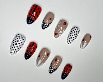 Handmade Ladybug Press-On Nails: Polka Dot Cottagecore Nail Art