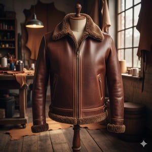 Handmade Shearling Bomber Jacket | Brown Cowhide Leather Aviator Coat | Men&#39;s