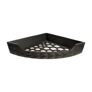 May include: A black, triangular corner shelf with a geometric design. The shelf features a honeycomb pattern in the center and a textured, faceted exterior. The shelf is designed to fit into a corner and maximise space.