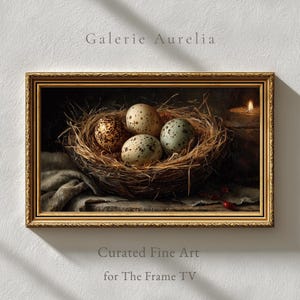 Marco de nido de huevos de Pascua rústicos, arte de TV, decoración de granja vintage, acogedor estilo de pintura al óleo cottagecore, descarga digital de primavera, naturaleza muerta 120