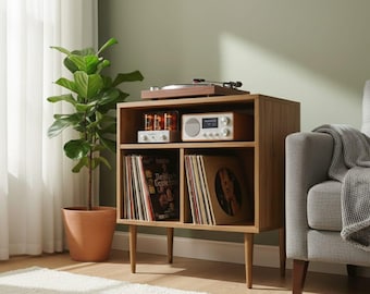Solid Wood Turntable Stand with Storage | Mid-Century Modern Media Console | Vinyl Record Cabinet | Handmade Wooden Audio Stand