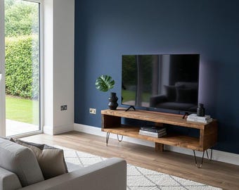 Industrial TV Stand | Solid Reclaimed Wood Media Console | Gold & Black Hairpin Legs | Rustic Modern Entertainment Unit