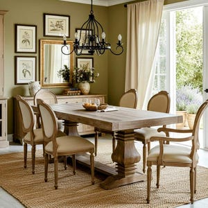 Puede incluir: Una mesa de comedor rectangular de madera con base de pedestal, rodeada de seis sillas tapizadas con asientos y respaldos de tela beige claro. El conjunto se sitúa sobre una alfombra de yute en una habitación con paredes verde oliva.