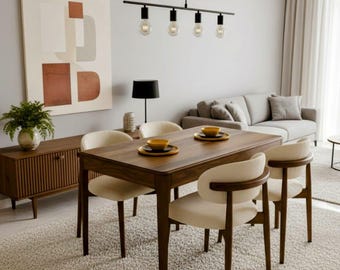 Juego de mesa de comedor con sillas de chapa de nogal / Muebles de cocina de madera maciza hechos a mano / Estilo rústico y escandinavo moderno