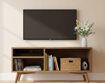 Mueble de TV de madera maciza y soporte para tocadiscos con espacio de almacenamiento / Consola multimedia moderna de mediados de siglo / Mueble para discos de vinilo / Muebles de audio hechos a mano