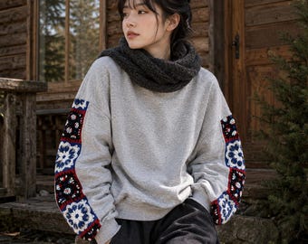 Crochet Sleeve Sweatshirt, Granny Square Jumper, Boho Sweater, Floral Inspired Pullover