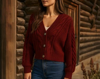Chunky Cable Knit Cropped Cardigan – Cozy V-neck Button-up Sweater