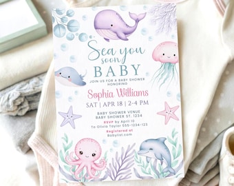 Sea You Soon Baby Shower Invitation Ocean themed Baby Shower Invite Girl Invite Cute Pastel Animals Canva Template Printable Digital Invite