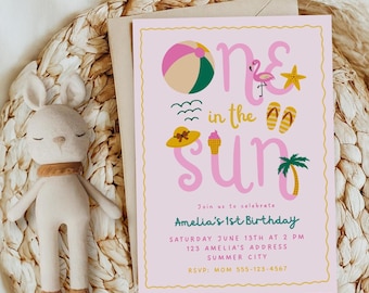 One in the Sun Birthday Invitation Template, Girl 1st Birthday Invite, Pink Summer First Birthday Printable Canva Template | Digital Invite