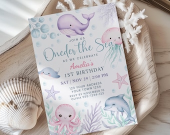 Oneder the Sea Invitation 1st Birthday Invite Under the Sea Birthday Party Invitation Editable Canva Template Printable, Digital & Phone