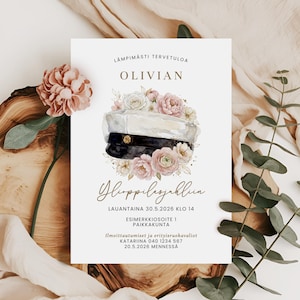 May include: A graduation announcement with the name "Olivian" at the top. The design features a graduation cap surrounded by pink and white flowers. The text includes the date, time, and location of the event.