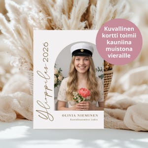 May include: A graduation announcement card with a photo of a smiling person wearing a white cap and holding a pink flower. The card has text in gold, including the year 2026 and a name. A pink circle with text is in the upper right.