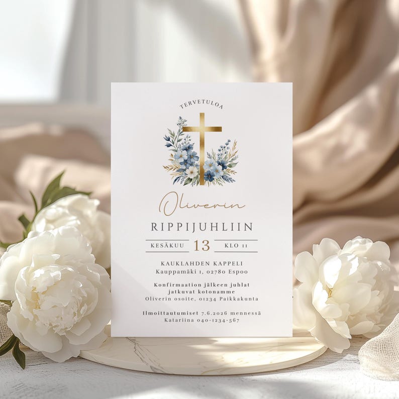 May include: A white invitation card with gold cross and floral design. The text includes "TERVETULOA", "Oliverin", "RIPPIJUHLIIN", "KES&Auml;KUU 13 KLO 11", and address details. The card is decorated with white flowers.