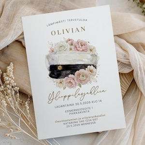 May include: A white invitation card with gold text and a watercolor illustration of a graduation cap adorned with pink and white flowers. The card includes the name "OLIVIAN" and event details.
