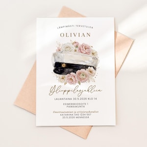 May include: A graduation announcement with a watercolor illustration of a student cap and floral accents. The text includes the name "OLIVIAN" and event details in gold lettering, set against a white background with a peach envelope.
