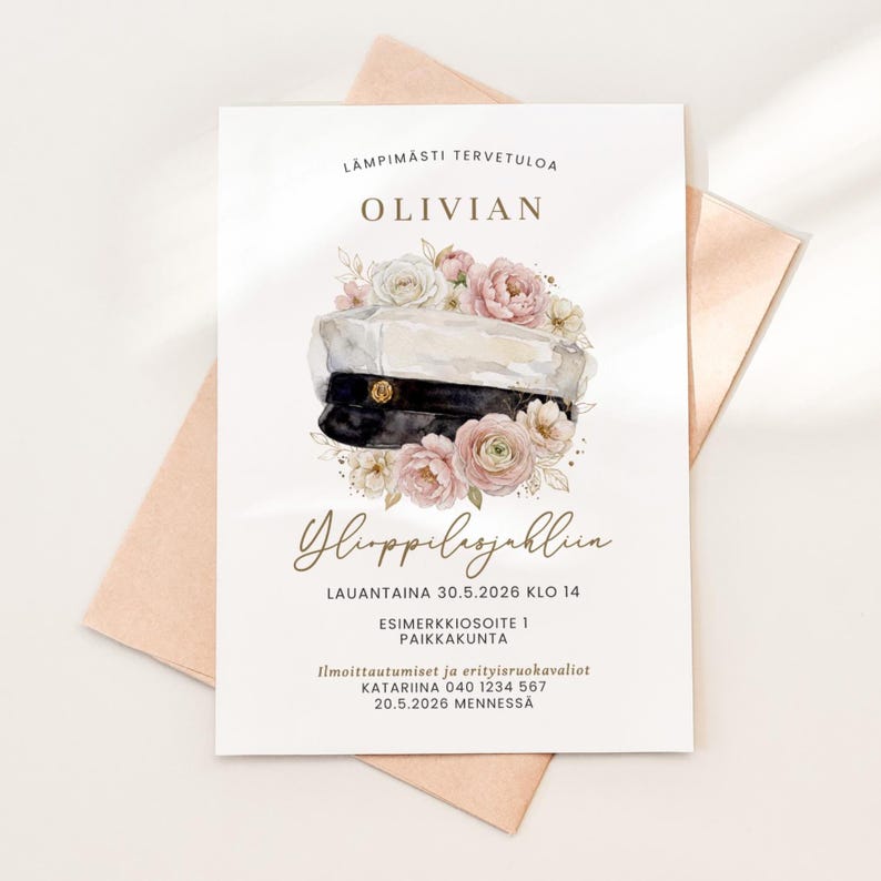 May include: A graduation announcement with a watercolor illustration of a student cap and floral accents. The text includes the name "OLIVIAN" and event details in gold lettering, set against a white background with a peach envelope.