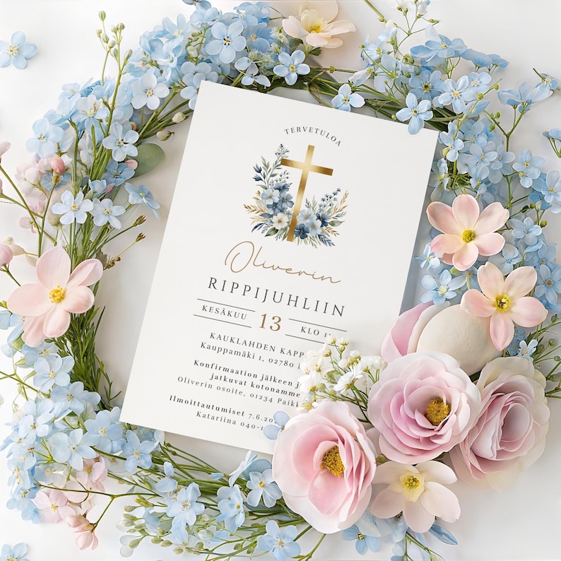 May include: A white invitation card with gold cross and floral design, surrounded by light blue and pink flowers. The card has text in Finnish, including the name "Oliverin" and the date "13".
