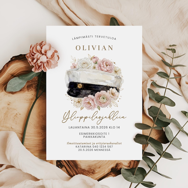 May include: A graduation announcement with the name "Olivian" at the top. The design features a graduation cap surrounded by pink and white flowers. The text includes the date, time, and location of the event.