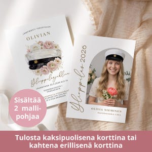 May include: Two graduation announcement cards. One card features a watercolor illustration of a graduation cap and flowers. The other card has a photo of a smiling woman in a graduation cap holding a flower. Text includes the name "Olivian" and "Olivia Nieminen".