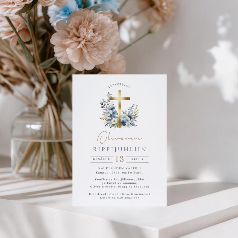 May include: A white invitation card with gold text and a gold cross surrounded by blue and green floral elements. The card includes the text "TERVETULOA" and "Oliverin RIPPIJUHLIIN". A bouquet of flowers is in the background.
