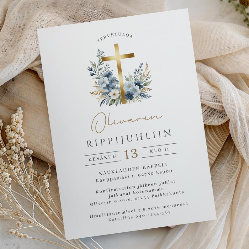 May include: A white invitation card with gold text and a gold cross design. The card includes the text "TERVETULOA" at the top, and "Oliverin RIPPIJUHLIIN" in the center. The date and time are also included.