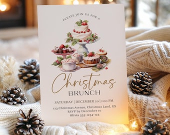 May include: A cream-colored Christmas brunch invitation featuring a watercolor illustration of a tiered cake, cupcakes, and other desserts. The invitation includes the text "Christmas Brunch" and event details.