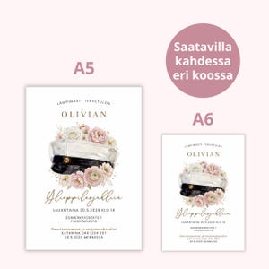 May include: Two invitation cards, A5 and A6 sizes, with a watercolor illustration of a graduation cap and floral arrangement. The text includes the name "Olivian" and event details.