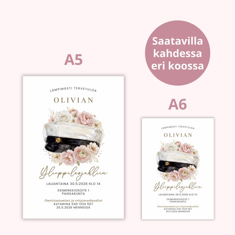 May include: Two invitation cards, A5 and A6 sizes, with a watercolor illustration of a graduation cap and floral arrangement. The text includes the name "Olivian" and event details.