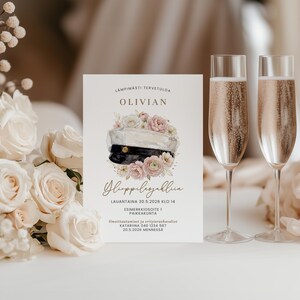 May include: A graduation announcement card with the name "Olivian" at the top. The card features a watercolor illustration of a graduation cap adorned with flowers. Two champagne flutes with bubbly liquid are on the right.