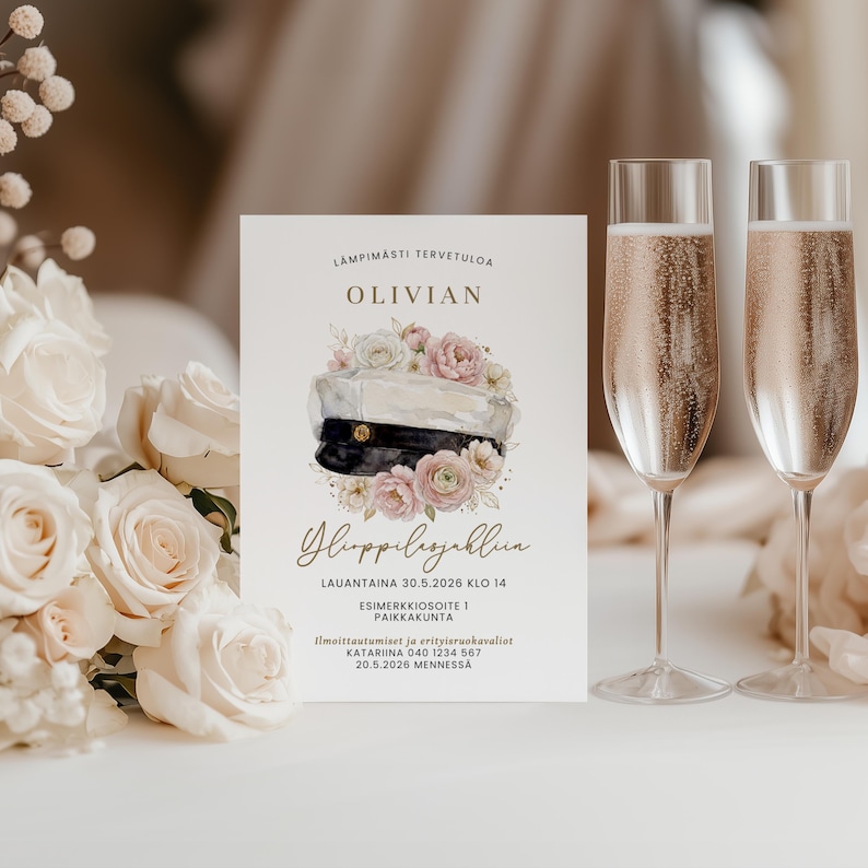 May include: A graduation announcement card with the name "Olivian" at the top. The card features a watercolor illustration of a graduation cap adorned with flowers. Two champagne flutes with bubbly liquid are on the right.