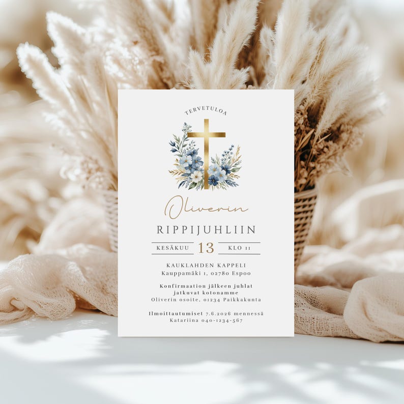 May include: A cream-colored invitation card with a gold cross and floral design. The card features text in Finnish, including the name "Oliverin" and the date "13" in June. Dried flowers are in the background.