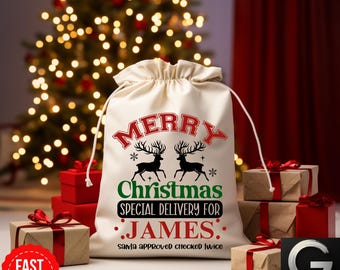 Saco de Papá Noel con mensaje "Feliz Navidad", bolsa de regalos, saco de regalo de Navidad, saco de Papá Noel personalizado para niños, saco de Papá Noel para entregas, primer regalo de Navidad.