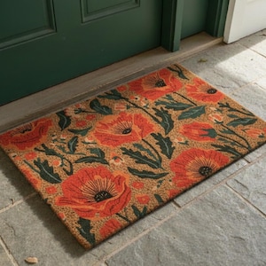 Retro Poppy Doormat, Boho Modern Gift for Home, Modern Botanical Floral Welcome Mat, Porch Decor Gift, Mid-Century Porch Decor, Scandinavian