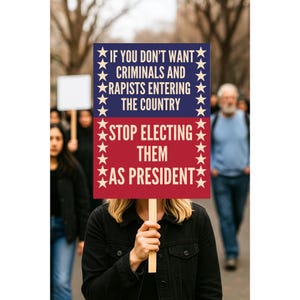 May include: A person holding a sign with the text "IF YOU DON'T WANT CRIMINALS AND RAPISTS ENTERING THE COUNTRY STOP ELECTING THEM AS PRESIDENT". The sign is red and blue with white stars and text.