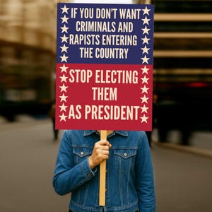 May include: A protest sign held by a person, with the text "IF YOU DON'T WANT CRIMINALS AND RAPISTS ENTERING THE COUNTRY STOP ELECTING THEM AS PRESIDENT" in white letters on a blue and red background, with star accents.