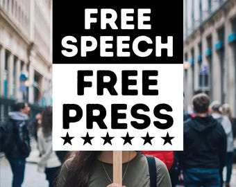 Cartel de protesta "Libertad de expresión, libertad de prensa, protección de la democracia", anti-Trump, cartel de activismo político, resistencia al racismo, póster de resistencia al fascismo