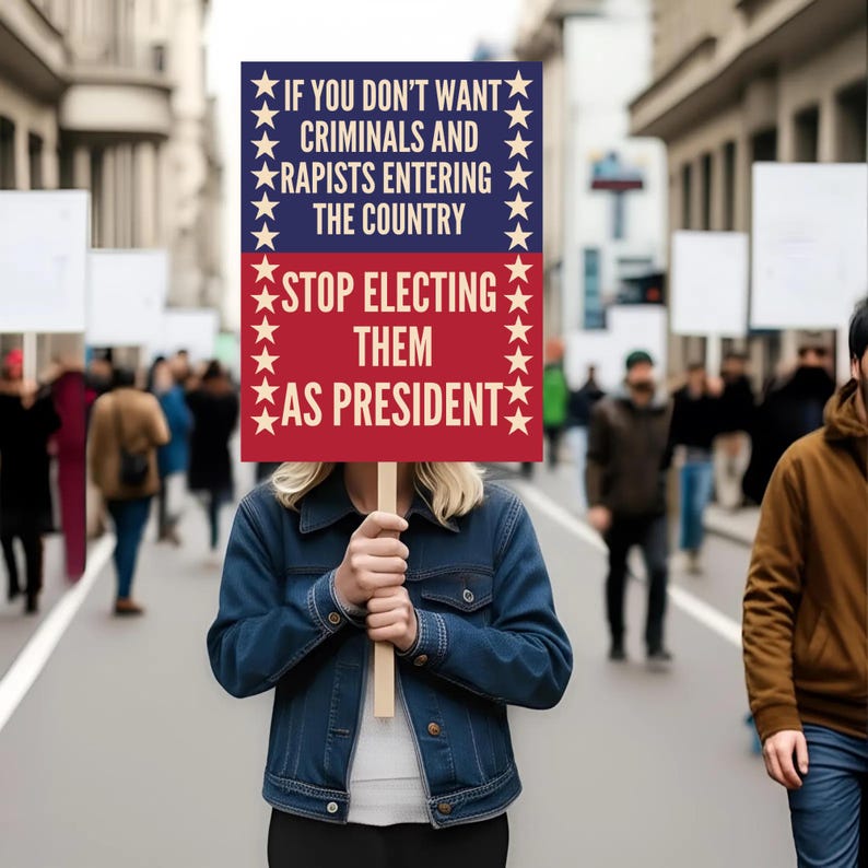 May include: A person holding a sign with the text "IF YOU DON'T WANT CRIMINALS AND RAPISTS ENTERING THE COUNTRY STOP ELECTING THEM AS PRESIDENT" during a protest. The sign is red and blue with white stars.