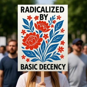 May include: A sign with the words "RADICALIZED BY BASIC DECENCY" in black text. The sign features a floral design with red flowers and blue leaves. The sign is held up by a person in a crowd.