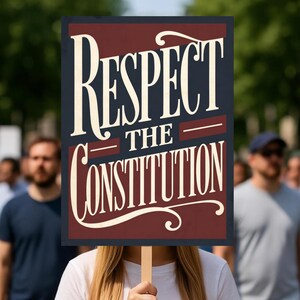 May include: A sign with the words "Respect the Constitution" in white lettering against a dark blue and maroon background. The sign is held on a wooden stick. A crowd of people is visible in the background, with the sign held in front of a person.