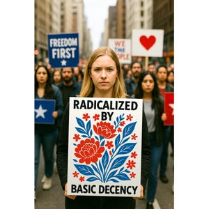 Puede incluir: Escena de protesta en una calle de la ciudad con una multitud de personas. Una mujer sostiene un cartel que dice "RADICALIZED BY BASIC DECENCY" con ilustraciones florales. Otros carteles en el fondo dicen "FREEDOM FIRST" y "WE THE PEOPLE".