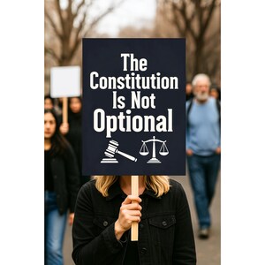 May include: A person holding a sign with the text "The Constitution Is Not Optional" in white letters on a dark blue background. The sign also features a gavel and scales of justice symbol. Other people are visible in the background.