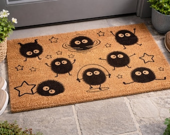 Soot Sprite Doormat, Cute Star Holding Dust Bunny Welcome Mat, Anime Inspired Porch Rug, Fall Entryway Decor, Front Door Mat, Outdoor Rug