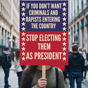 May include: A protest sign held by a person in a crowd. The sign is divided into two sections: blue at the top and red at the bottom. White text reads, "IF YOU DON'T WANT CRIMINALS AND RAPISTS ENTERING THE COUNTRY STOP ELECTING THEM AS PRESIDENT."