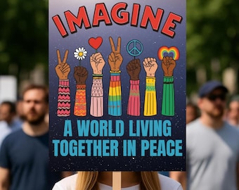 Stel je een wereld voor die samenleeft in vrede poster teken, diversiteit opgeheven handen muurkunst, gelijkheid activisme print teken, teken sociale rechtvaardigheid