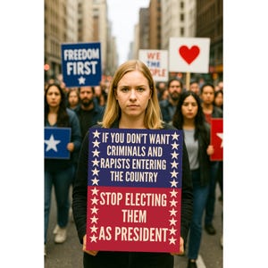 May include: A protest scene with a crowd of people marching down a city street. A woman in the foreground holds a sign with text that reads, "IF YOU DON'T WANT CRIMINALS AND RAPISTS ENTERING THE COUNTRY STOP ELECTING THEM AS PRESIDENT."