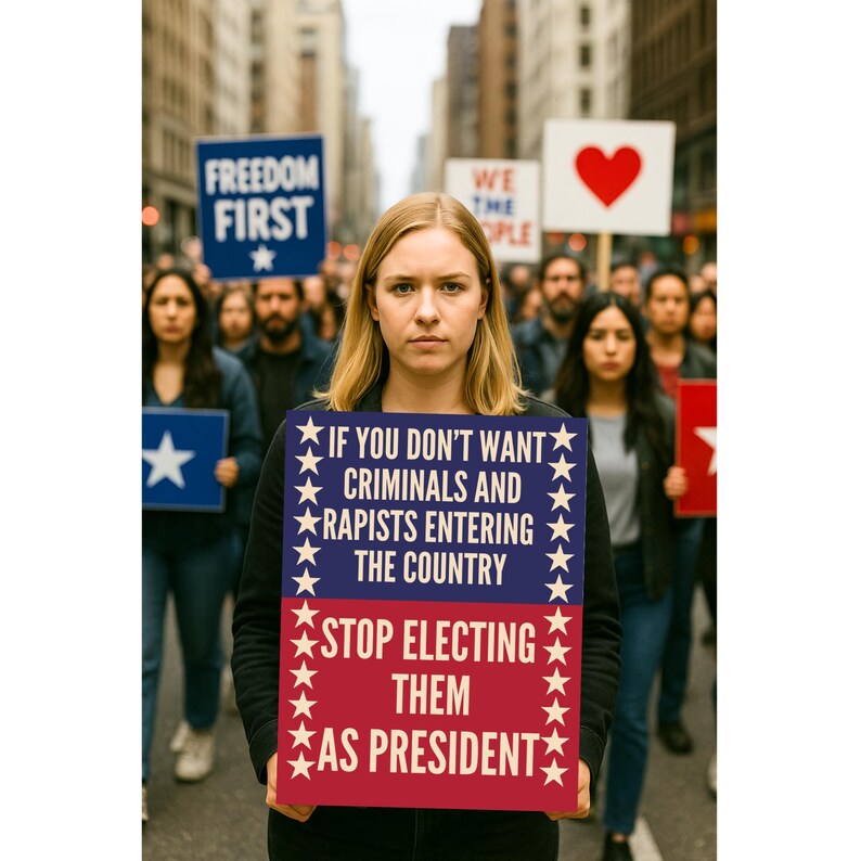 May include: A protest scene with a crowd of people marching down a city street. A woman in the foreground holds a sign with text that reads, "IF YOU DON'T WANT CRIMINALS AND RAPISTS ENTERING THE COUNTRY STOP ELECTING THEM AS PRESIDENT."
