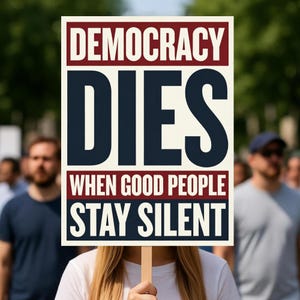 Può includere: Un cartello di protesta con la scritta "DEMOCRACY DIES WHEN GOOD PEOPLE STAY SILENT" in bianco su sfondo rosso e blu navy. Il cartello è tenuto su un bastone di legno. Persone sullo sfondo.