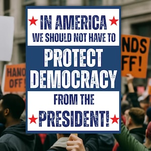 May include: A sign held up in a crowd of people with the text "IN AMERICA WE SHOULD NOT HAVE TO PROTECT DEMOCRACY FROM THE PRESIDENT!" The sign has a blue background with white text and red stars.