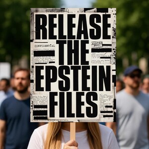 Może przedstawiać: Transparent protestacyjny z napisem "RELEASE THE EPSTEIN FILES" pogrubionymi czarnymi literami. Znak ma stylizację na starą gazetę ze słowem "CONFIDENTIAL" na górze. Osoba trzyma transparent przed tłumem.